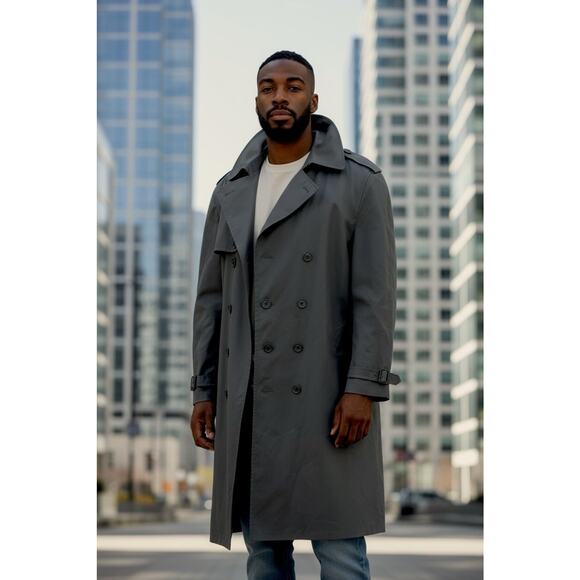 London Fog Black/Gray Double Breasted Trench Coat Det. Linning Men 42L - Picture 1 of 6